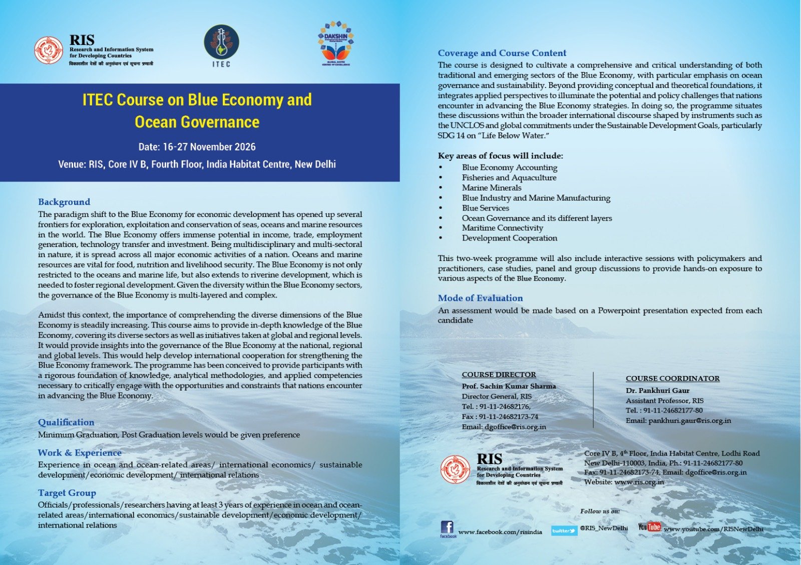 ITEC Course on Blue Economy and Ocean Governance organised by RIS–DAKSHIN from 16-27 November, 2026